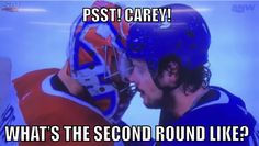 two hockey players are kissing each other with the caption that says, pst carry what's the second round like?