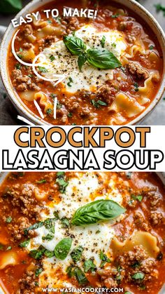 two bowls filled with crockpot lasagna soup