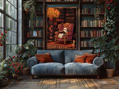 a couch in a room with bookshelves and plants