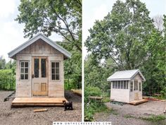 two pictures of a small wooden cabin in the woods, one with a door open