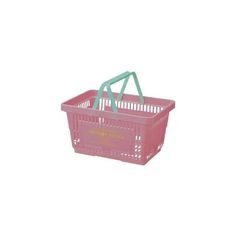 a pink plastic shopping basket with green handles