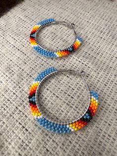 All of the hoops are hypoallergenic and are completely nickel free and lead free. If you have any questions feel free to message me🙂 Beaded Hoops Earrings, Beaded Hoop Earrings Native American, Native Fashion, Earrings Native American, Seed Bead Crafts, Turquoise Hoop Earrings, Handmade Earrings Beaded, Aztec Design, Beading Ideas