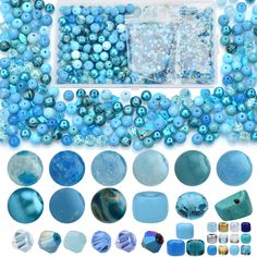 blue beads are arranged in different shapes and sizes