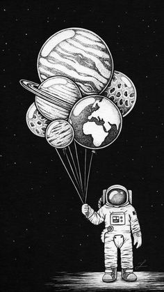 an astronaut is holding balloons in the air