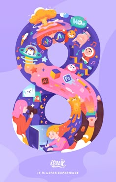 the number eight is made up of children's faces and numbers, all in different colors