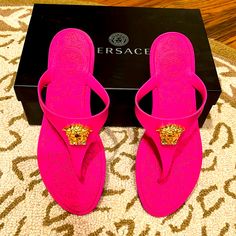 Brand New Sold Out Comes With Box, Dust Bag, Proof Of Purchase From Neiman Marcus Hot Pink Versace Rubber Sandals Size 38 Designer Pink Open Toe Sandals, Luxury Pink Flat Sandals, Luxury Pink Sandals For Vacation, Luxury Pink Sandals For The Beach, Luxury Pink Sandals With Round Toe, Luxury Pink Round Toe Sandals, Pink Versace, Hot Pink Shoes, Versace Sandals