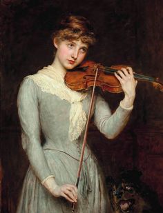 a painting of a woman holding a violin in her right hand while standing next to a dog