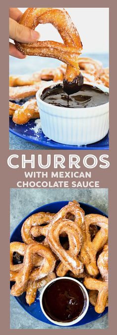 churros with mexican chocolate sauce on a blue plate and in a white bowl