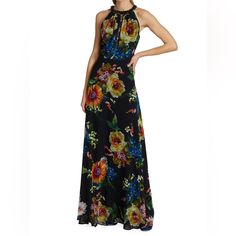 This Sleeveless Gown Is Complete With A Tonal Bead-Embellished Neckline And Large Painterly Floral Print. Round Neck Sleeveless Concealed Back Zip Lined 100% Polyester Dry Clean Imported All Of My Items Are 100%Guaranteed Authentic . Please Read All The Details And Check The Pictures Before You Buy The Item These Items Are Either Store Display , Store Return, Some Are Brand New Or Have Been Used For A Model Show, The Items Have A Black Line Or Red Line On Label To Prevent Return To The Store For Halter Neck Dress With Embellished Fitted Bodice, Floral Print Evening Dress With Fitted Bodice, Elegant Floral Print Halter Neck Maxi Dress, Chic Sleeveless Embellished Gown, Elegant Halter Neck Maxi Dress With Floral Print, Sleeveless Evening Dress With Floral Print And Fitted Bodice, Evening Floral Print Maxi Dress With Halter Neck, Fitted Sleeveless Floral Print Evening Dress, Multicolor Maxi Length Evening Dress