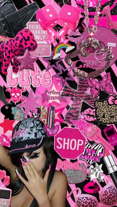 a woman with her hands to her face surrounded by pink and black sticker art