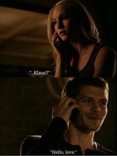 a man talking on a cell phone next to a woman in a black top and the caption reads, klaus? tell love