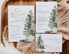 the wedding stationery is decorated with pine trees