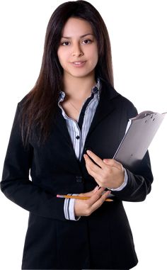 a woman in a business suit holding a clipboard