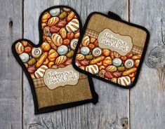 two oven mitts that are sitting on top of a wooden table, one is filled with nuts