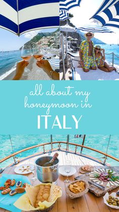 the perfect italy honeymoon itinerary on a boat with people sitting under an umbrella