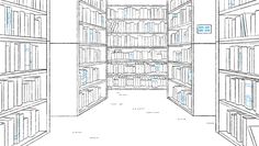 a drawing of the inside of a bookcase with several rows of books on each shelf