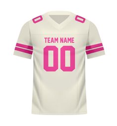 a white football jersey with pink trims and the name team name 00 on it