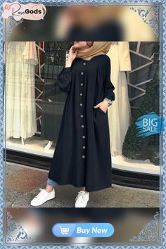 Autumn Casual Women's Cardigan Long Sleeve Stand Collar Large Swing Dress Winter Button-up Solid Color Dresses, Modest Buttoned Fall Dresses, Modest Buttoned Dresses For Fall, Modest Fall Dresses With Buttons, Cotton Button-up Winter Dress, Winter Cotton Button-up Dress, Casual Winter Dresses With Buttons, Navy Blue Sky, Solid Skirt