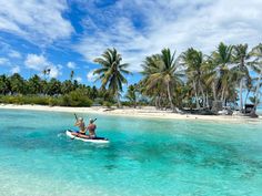 two people on a surfboard in the ocean with palm trees and blue water behind them