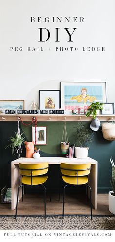 two yellow chairs sitting next to each other in front of a desk with pictures on it