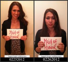 two women holding up signs that say maid of honor and maid of honor