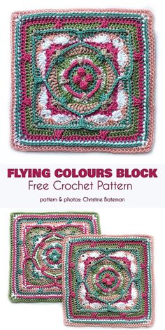 two square crocheted rugs with the words flying colours block on top and bottom