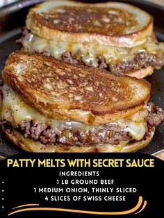 two grilled cheese sandwiches sitting on top of a pan with the words patty melts with secret sauce