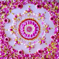 a circular design made out of pink and yellow flowers