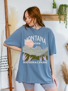 Taking a trip to Glacier National Park will make an impression for a lifetime. Keep the memories alive with this tee printed on Comfort Colors shirts for that garment-dyed vintage look. It also makes a great hiking gift or summer vacation shirt! This is a unisex tee, and we suggest sizing down for a fitted look or sizing up for an oversized tee vibe. Please check our size charts for the perfect fit! ⭐Sign up for our newsletter and get a discount code for 35% off your order! ✔️https://marinstudio Spring Outdoor T-shirt With Letter Print, Oversized Letter Print T-shirt For Outdoor, Oversized Letter Print Tops For Outdoor, Casual Relaxed Fit T-shirt For Outdoor Activities, Casual Short Sleeve T-shirt For Adventure, Summer Graphic Tee For Outdoor, Letter Print T-shirt For Outdoor In Spring, Letter Print T-shirt For Outdoor Spring Activities, Graphic Tee Tops For Outdoor Summer Activities