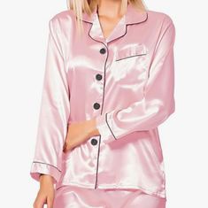 Swomog Womens Silk Satin Light Pink With Black Trim. Long Sleeve Button Up Shirt With Matching Pants. Size: Small Silky Pajamas, Bright Color Dresses, Pyjamas Womens, White Boho Dress, Satin Long Sleeve, Long Sleeve And Shorts, Satin Pyjama Set, Home Wear, Sleepwear Sets