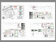 architectural drawings showing the various sections and details for an office building, including floor plans