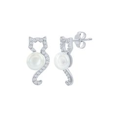 These cubic zirconia and freshwater cultured pearl cat earrings are a fun and charming addition to your jewelry collection. These cubic zirconia and freshwater cultured pearl cat earrings are a fun and charming addition to your jewelry collection. Nickel free Metal: sterling silver Backings: post Packaging: boxed Plating: ruthenium Finish: polished Length: 1 in.STONE DETAILS Stone type: cubic zirconia Shape: round Setting: paveCULTURED PEARL DETAILS Type: freshwater Size: 6 mm Shape: round Color Pearl Details, Cat Earrings, Fresh Water, Cubic Zirconia, Jewelry Collection, Plating, Stud Earrings, Size 6, Packaging