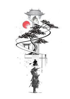 an ink drawing of a person standing in front of a tree with a red sun behind it