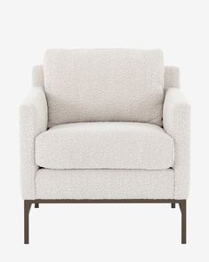 a white chair with black legs and a light colored upholstered back, against a white background