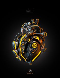 a heart shaped object with yellow and black accents on it's sides, against a dark background