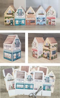 four different views of small houses with scissors