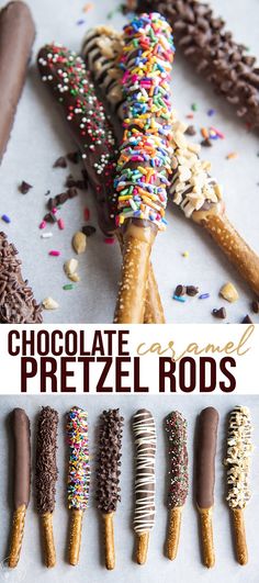 chocolate pretzel rods with sprinkles on top and in the middle