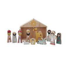 a wooden nativity scene with figurines and decorations