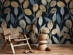 Watercolor Gold Leaves Wallpaper, Dark Navy Blue Wall Mural, Peel and Stick, Botanical Bohemian Wallpaper, Removable Wallpaper - Etsy Gold Leaves Wallpaper, Bohemian Wallpaper, Navy Blue Walls, Vintage Flowers Wallpaper, Accent Walls In Living Room, Leaves Wallpaper, Wallpaper Dark, Botanical Wallpaper, Gold Leaves