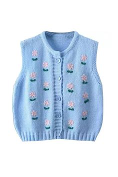 flower embroidery blue knit vest, cottagecore aesthetic outfits, preppy style outfits Light Blue Aesthetic Clothes, Fitted Blue Sweater Vest For Winter, Blue Knit Sweater Vest For Spring, Blue Sleeveless Sweater For Spring, Blue Embroidered Sweater For Spring, Blue Embroidered Cotton Sweater, Fitted Blue Knitted Sweater Vest, Embroidered Blue Cotton Sweater, Blue Cotton Sweater Vest With Crew Neck