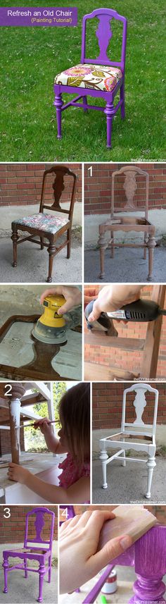 the steps to painting an old chair are shown