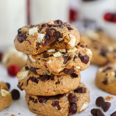 chocolate chip cookies stacked on top of each other