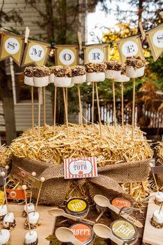 a table topped with lots of food and cupcakes on top of wooden sticks