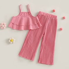 Girls Layered Top and Wide Leg Pants - Momorii Vibrant Personality, Ruffle Tank Top, Spaghetti Strap Top, Girls Summer Outfits, Kids Outfits Girls, Leg Design, Strap Top, Vibe Clothes, Girls Clothes