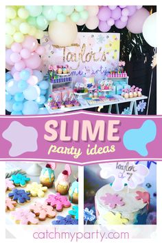 a party with balloons, cake and decorations