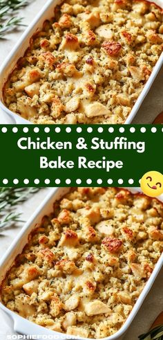 chicken and stuffing bake recipe in a casserole dish