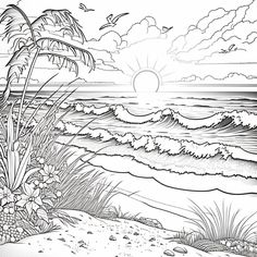 a black and white drawing of an ocean scene with waves, palm trees and birds