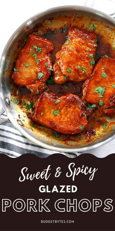 glazed pork chops in a skillet with title text at the bottom Glazed Pork Chops Recipes, Pork Chop Recipes Crockpot, Glazed Pork Chops, Glazed Pork, Pork Glaze, Spicy Pork