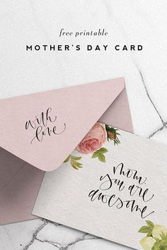 two envelopes with pink roses on them and the words mother's day card