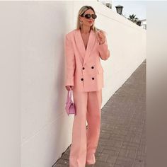 New With Tags Bloggers Favorite! Set Blazer And Pants Exterior 100% Linen Menswear Style #Straight# Co Ord# 2 Pieces#Pink#Wide# Relaxed# Oversixed# Slouchy#Long#High #Rise#Dress#Baggy#Summer#Flowy# Suit# Matching# Elegant Wide-leg Sets With Pockets, Spring Tailored Pantsuit With Straight Pants, Tailored Spring Pantsuit With Straight Pants, Chic High Waist Office Set, Elegant Sets With High-waisted Pants And Pockets, Spring Office Wear Sets With High Waist, Elegant High Waist Pink Pantsuit, Spring Formal Trousers Sets, Elegant Pink Long Pants Set